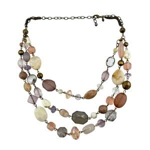 Premier Designs Pastel Pink Purple Beige Triple Strand Beaded 22" Necklace